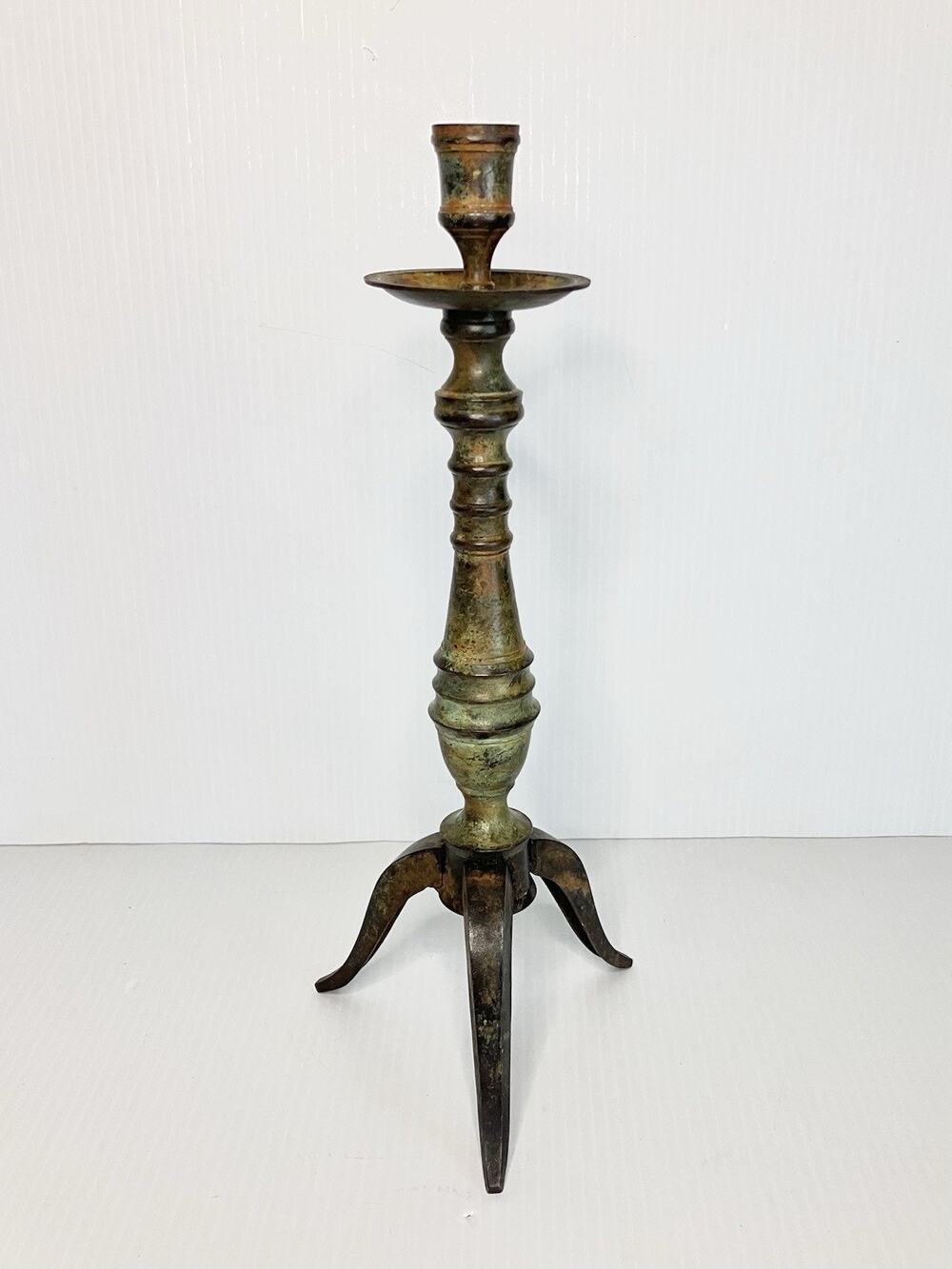 Vintage Iron Tripod 14” Candlestick Holder Gothic Altar Spanish Verdigris Green